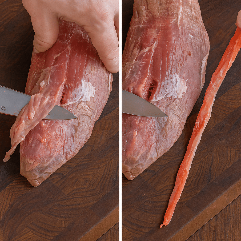Trimming Silverskin from Beef Tenderloin Removing silverskin from beef tenderloin with a knife