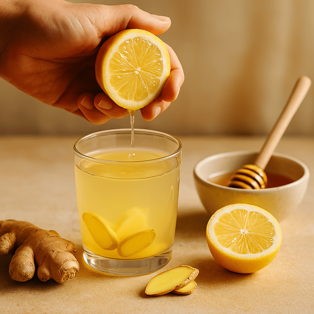Warm Ginger Lemon Honey Drink – Natural Detox Boost A cozy glass of warm ginger lemon drink on a wooden table, surrounded by fresh ginger root, lemon halves, raw honey, and a hint of cinnamon.