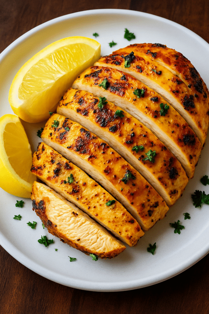 About me 2 Juicy air fryer chicken breasts sliced and served with lemon wedges on a white plate