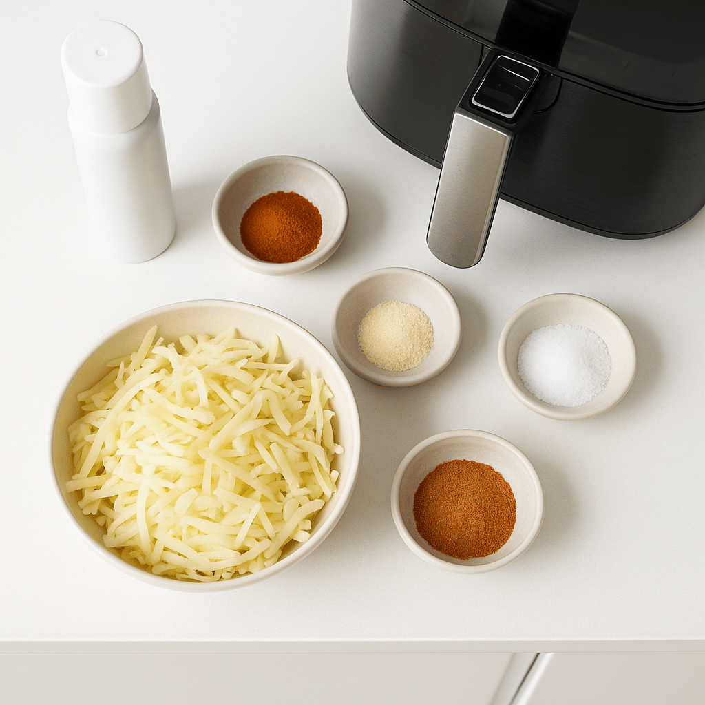 Air Fryer Hash Browns Ingredients on Clean Countertop Ingredients for making hash browns in air fryer