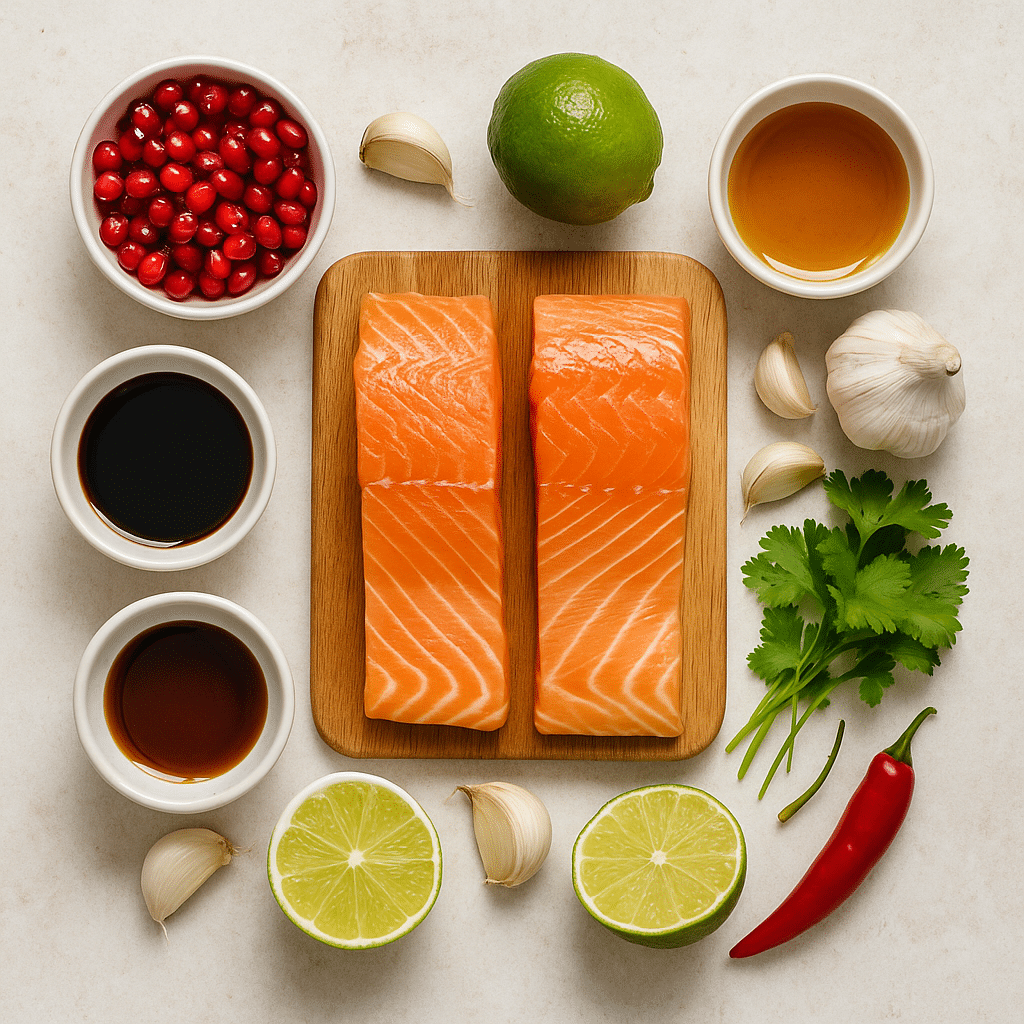 Fresh Ingredients for Pomegranate-Glazed Salmon in Air Fryer Ingredients for air fryer pomegranate-glazed salmon recipe