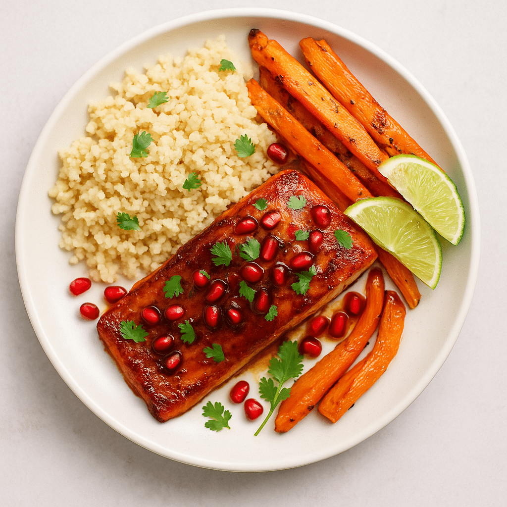 Plated Air Fryer Pomegranate-Glazed Salmon with Couscous Served air fryer pomegranate-glazed salmon with fresh garnish