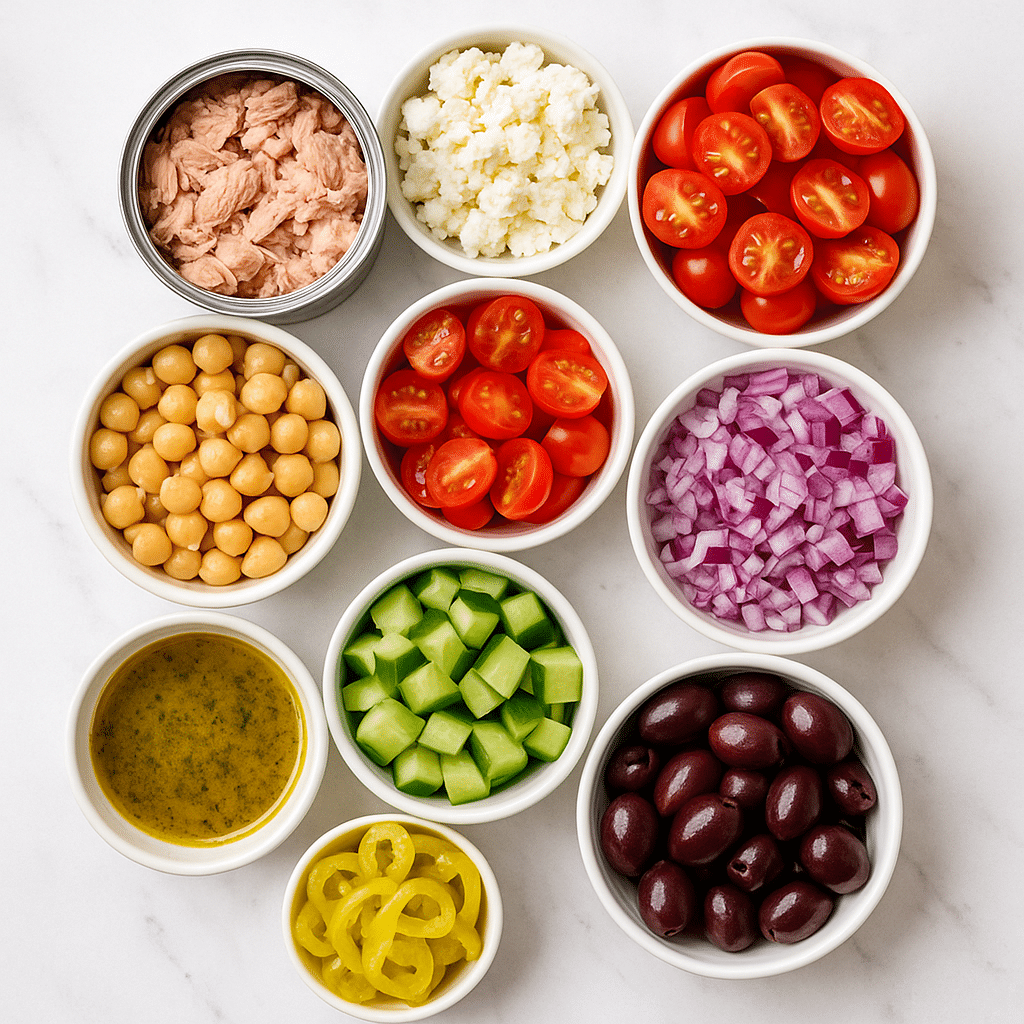Fresh Greek Salad Ingredients with Tuna and Chickpeas Ingredients for high protein Greek salad including tuna and chickpeas