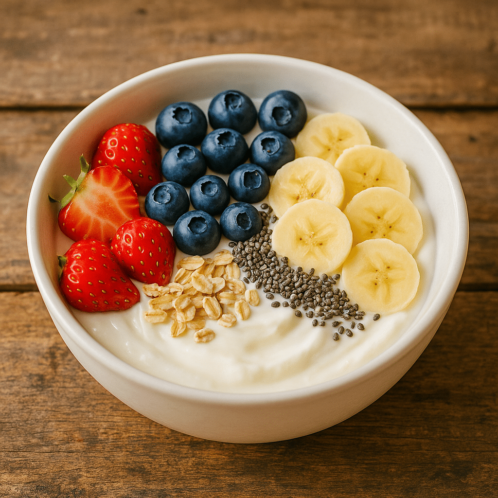 Bright Greek yogurt bowl with fresh fruits, chia seeds, and oats for weight loss greek yogurt recipes for weight loss