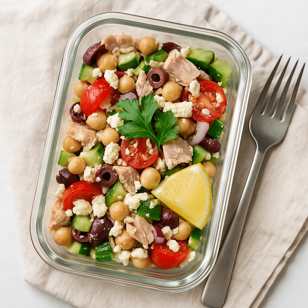Greek Salad Meal Prep with Tuna and Chickpeas Meal prep container with high protein Greek salad