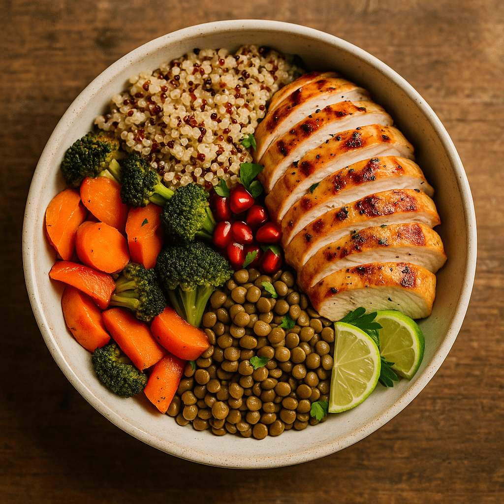 High-Protein High-Fiber Bowl with Grilled Chicken and Quinoa High-protein high-fiber meal plan bowl with chicken and vegetables