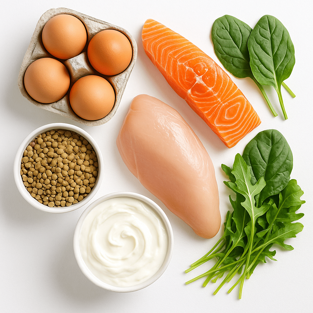 High Protein Ingredients for 1500 Calorie Meal Plan 1500 calorie high protein diet meal plan for ingredients for 1500 calorie meal plan including eggs, salmon, chicken, lentils, yogurt, and greens