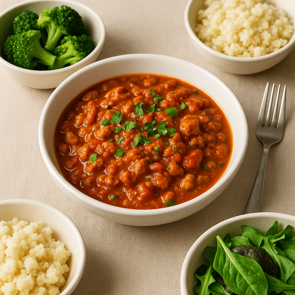 High protein crockpot meal served with healthy sides Served high protein low carb crockpot turkey chili