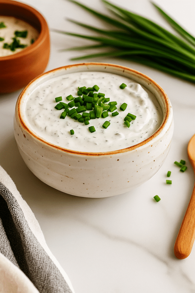About me 3 A creamy high protein ranch dip served in a ceramic bowl, topped with fresh chopped chives