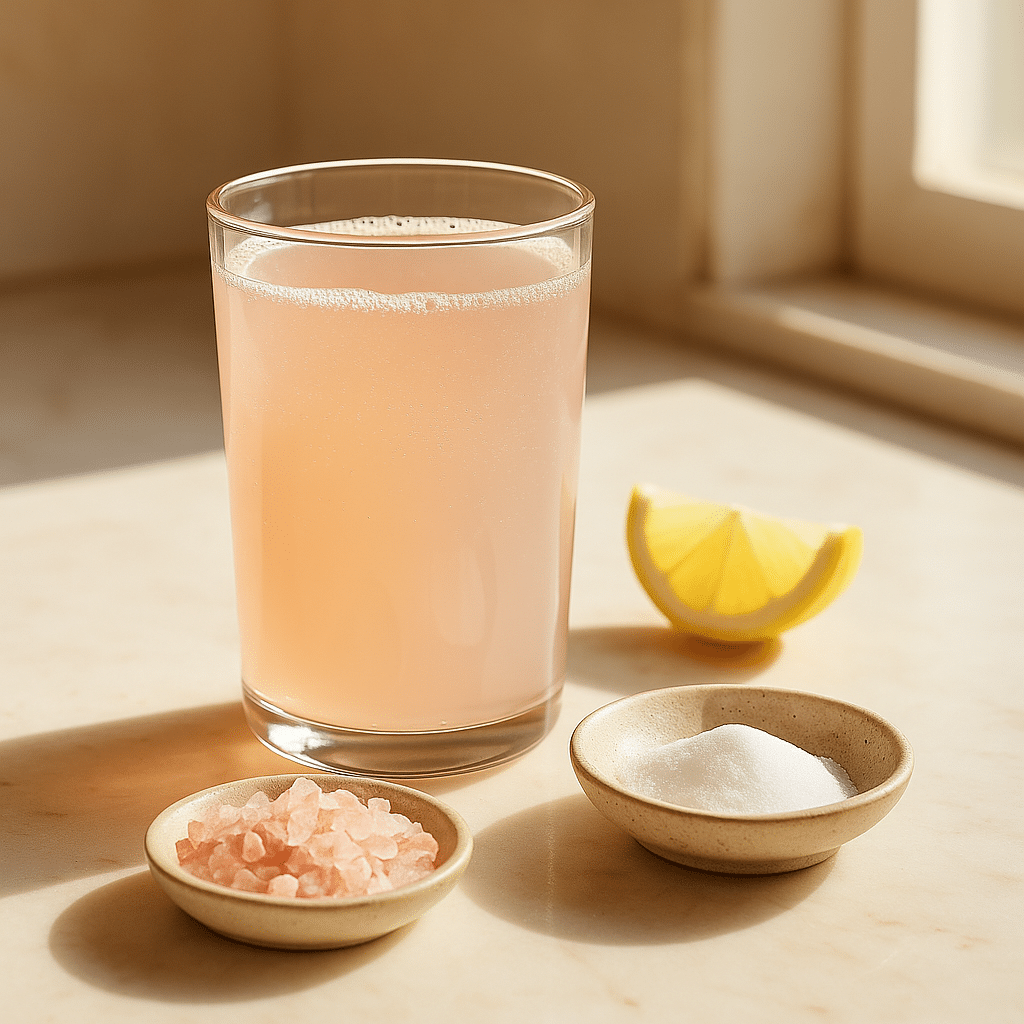 Homemade Mounjaro Recipe with Pink Salt and Baking Soda A glass of clear filtered water with Homemade Mounjaro Recipe with Pink Salt and Baking Soda, and a lemon wedge on a white background