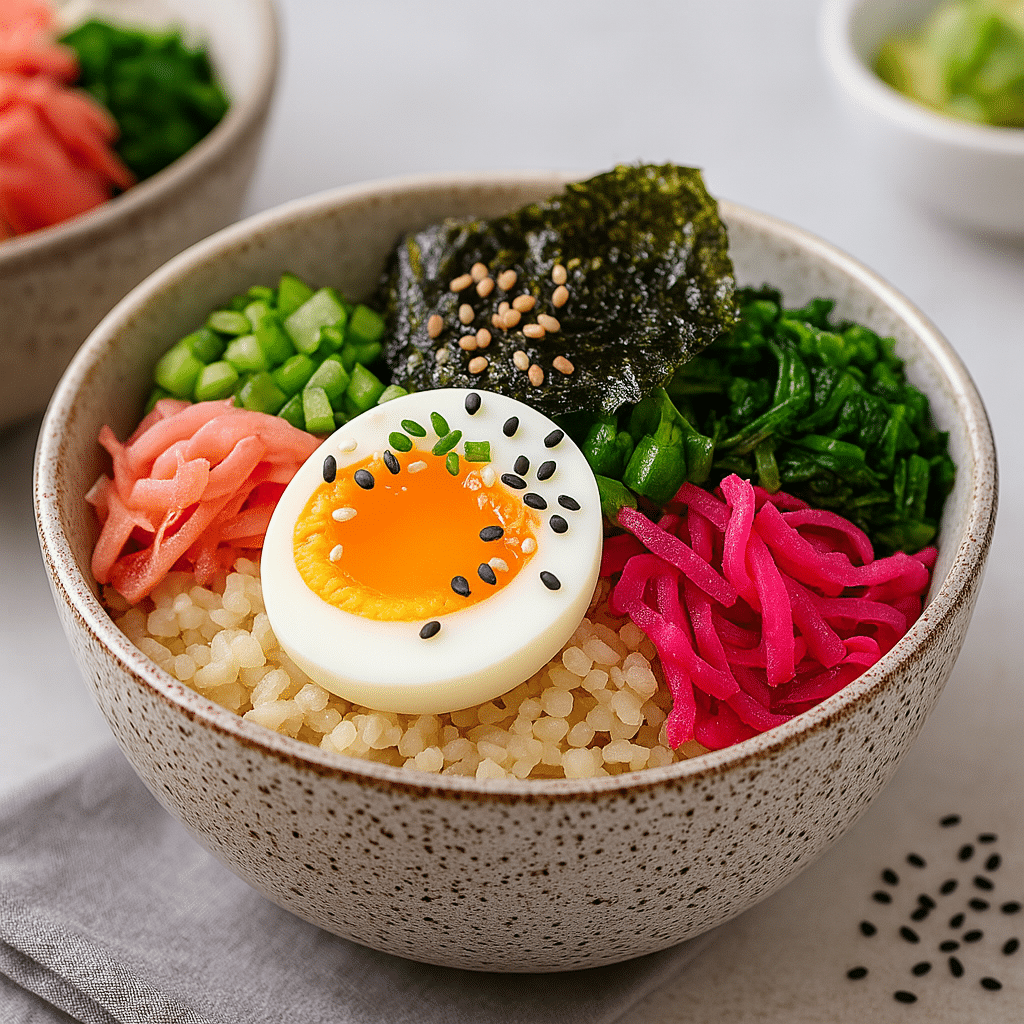 Japanese Mounjaro Recipe for Weight Loss – Balanced Bowl with Egg, Rice, Greens & Pickles Japanese Mounjaro recipe for weight loss with soft-boiled egg, brown rice, pickled vegetables, seaweed, and sesame in a ceramic bowl
