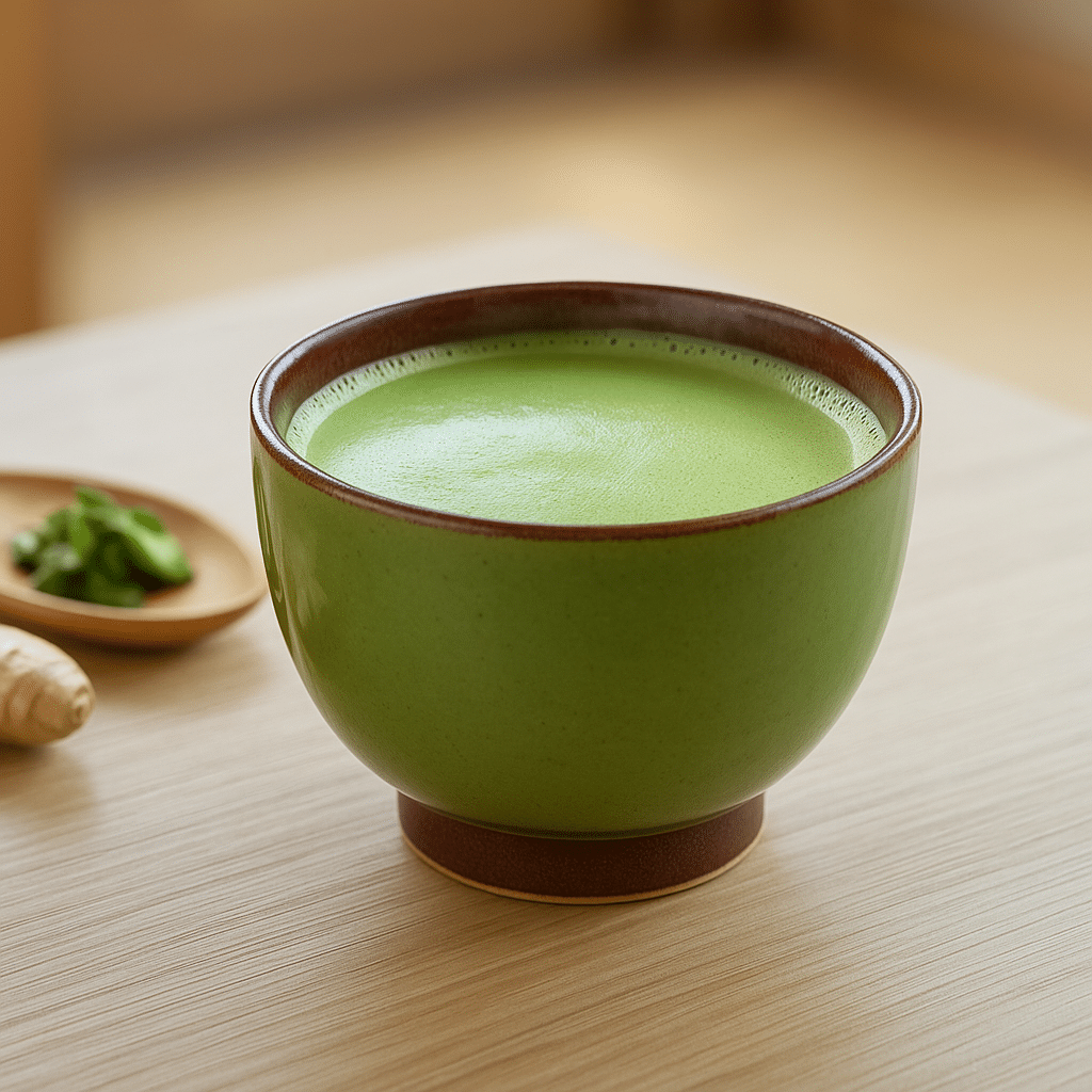 Japanese Mounjaro Recipe for Natural Weight Loss A realistic 1:1 image of a green Japanese Mounjaro recipe served in a ceramic bowl with ginger and herbs on the side, promoting natural weight loss