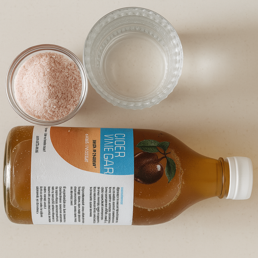 Japanese Pink Salt Diet Recipe with Apple Cider Vinegar A 1:1 photo showing Japanese pink salt, apple cider vinegar, and a glass of water arranged on a beige surface for a detox diet recipe