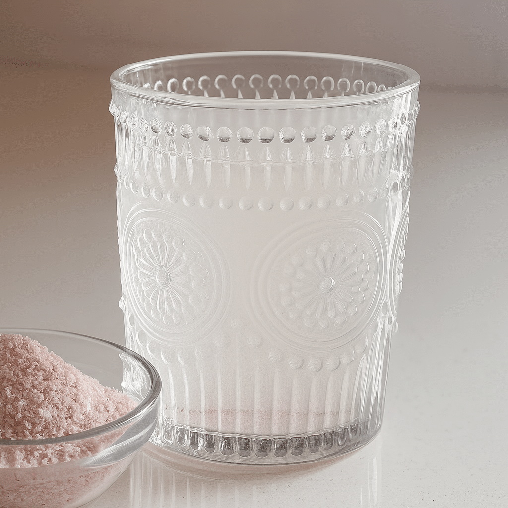 Japanese Pink Salt Diet Recipe with Water and Himalayan Salt A 1:1 photo showing a clear glass of water with pink Himalayan salt at the bottom, alongside a bowl of Japanese pink salt on a light surface