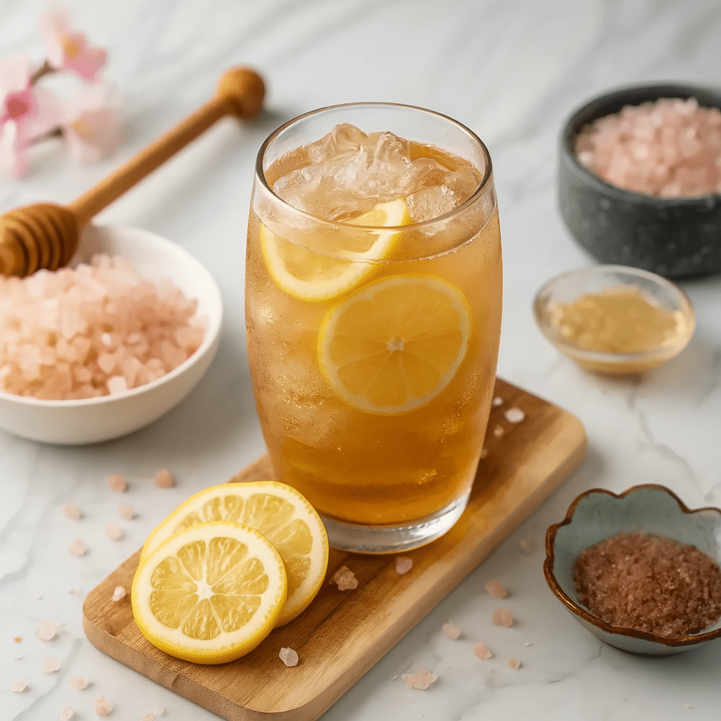 Japanese Pink Salt Recipe with Lemon and Honey image of a tall glass filled with Japanese pink salt lemonade, fresh lemon slices, ice cubes, and honey, surrounded by Himalayan salt and flowers on a marble background