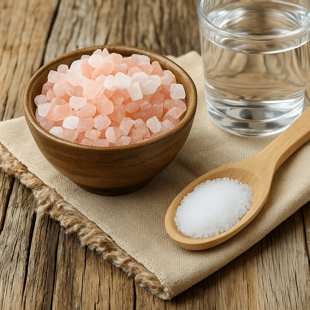 Japanese Pink Salt Recipe with Baking Soda – Natural Detox Mix A close-up image of coarse Japanese pink salt in a wooden bowl beside a wooden spoon filled with baking soda and a glass of filtered water. Perfect for showcasing the Japanese Pink Salt Recipe with Baking Soda.