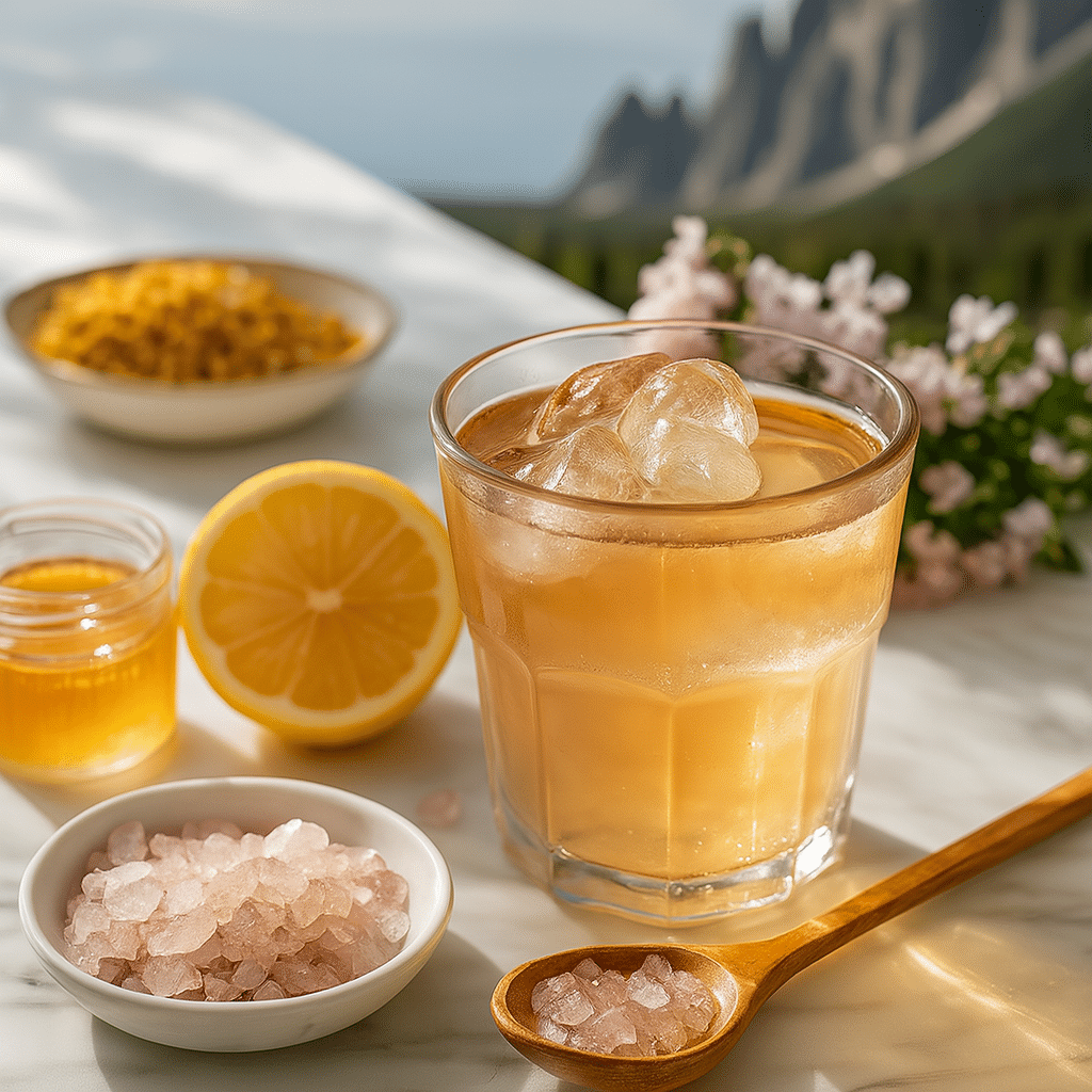 Pink Salt Weight Loss Drink with Lemon and Honey image of a japanese pink salt recipe made with pink salt, lemon, and honey served on a marble table with mountain view in the background