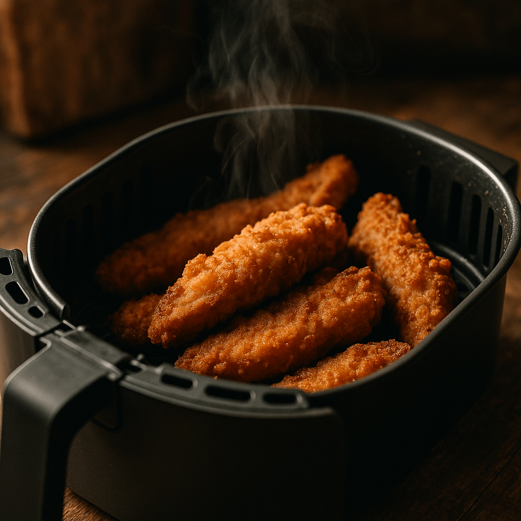 Crispy reheated chicken tenders in the air fryer basket reheating chicken tenders in air fryer