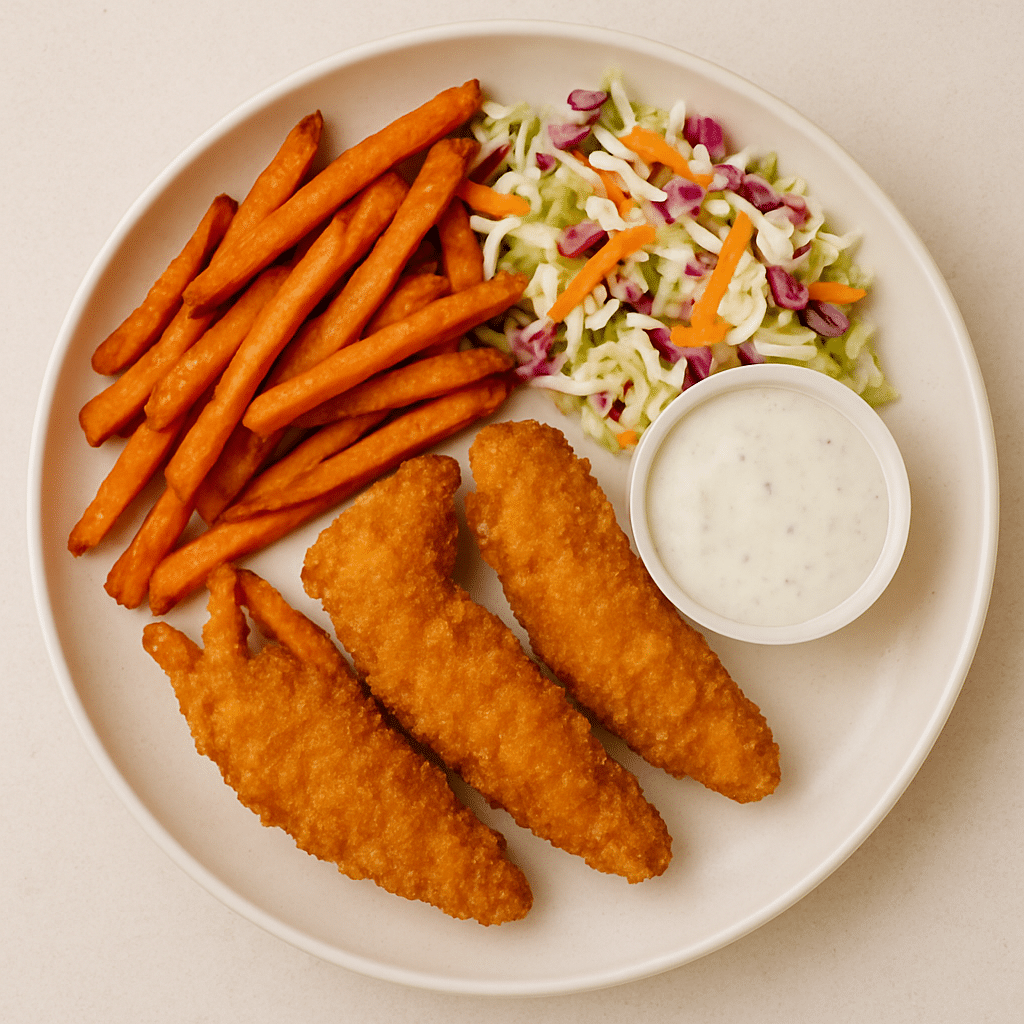 Crispy reheated tenders plated with sides for a complete meal Served reheated chicken tenders with sweet potato fries