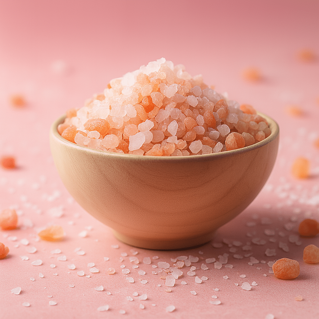 Side Effects of the Pink Salt Trick – Himalayan Salt in Bowl A 1:1 photo of coarse pink Himalayan salt in a wooden bowl on a pink background, representing the pink salt trick and its potential Side Effects of the Pink Salt Trick