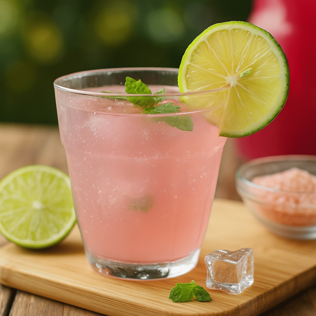 Side Effects of the Pink Salt Trick – Refreshing Drink Glass A 1:1 image showing a pink salt drink with lime and mint, representing the pink salt trick and its possible side effects