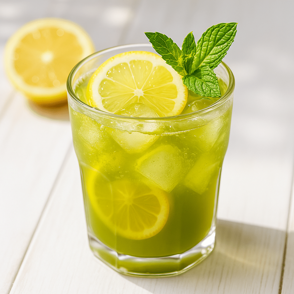 Sparkling Matcha Lemonade Recipe sparkling matcha lemonade recipe in clear glass with mint