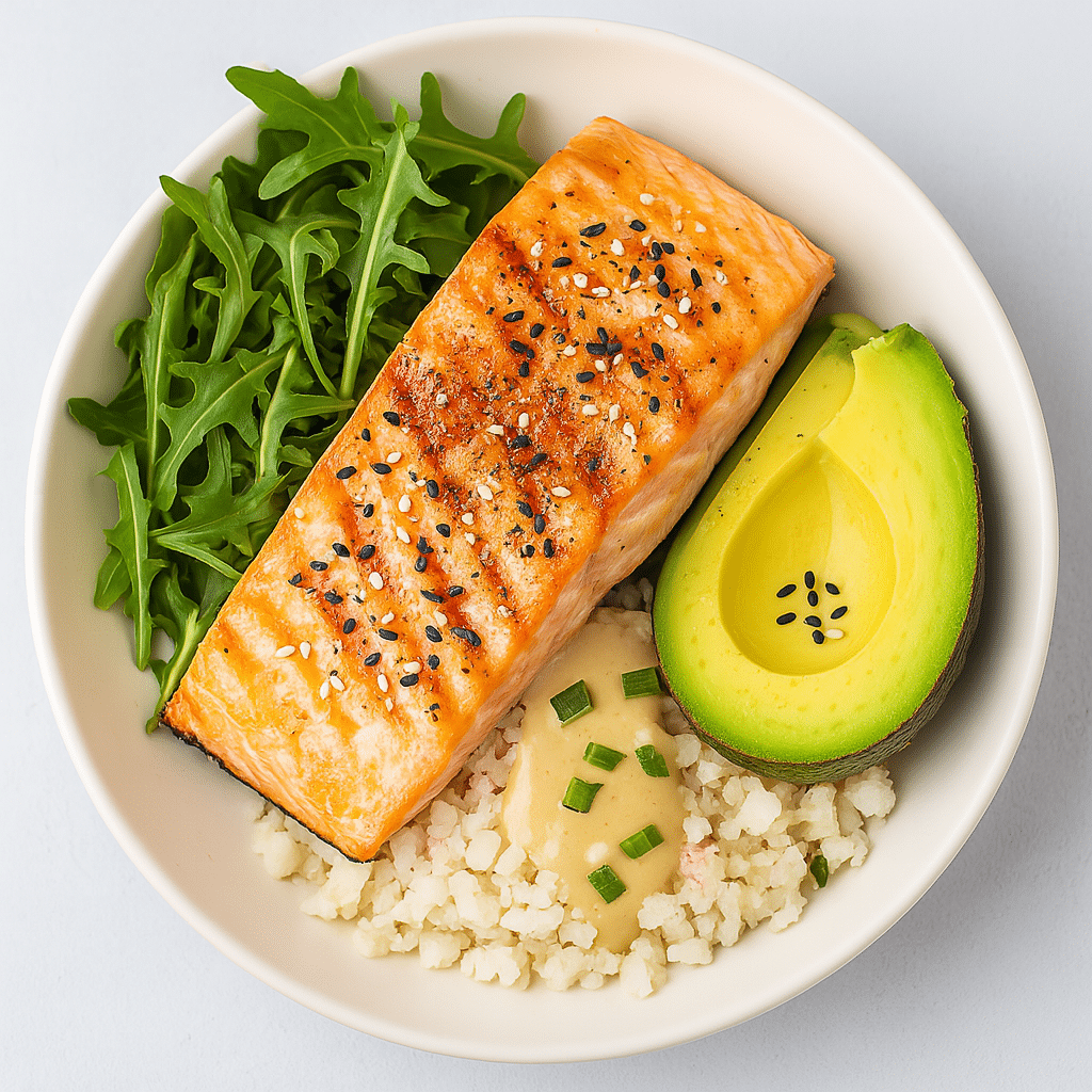 Zepbound Meal Plan Recipes with Salmon & Avocado Grilled salmon with avocado, arugula, and Japanese pink salt, part of Zepbound Meal Plan Recipes