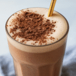 Protein and Coffee Shake – The Ultimate Energy You Need Today 3 Close-up of a creamy chocolate protein shake in a tall glass, topped with fluffy foam and chocolate shavings, with a gold straw.
