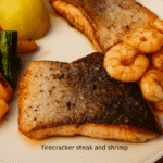 How to Make Firecracker Steak and Shrimp–Turf Recipe 3 Close-up of firecracker steak and shrimp served with asparagus and potatoes