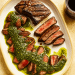 Picanha Steak – Juicy, Flavorful, and Easy to Make 3 Sliced steak served with chimichurri sauce on a ceramic plate with wine on the side