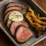 Teres Major Steak: The best Cut You Need to Taste 3 Sliced medium-rare steak topped with herb butter and served with roasted mushrooms in a cast-iron pan