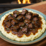 Beef Steak with Mashed Potatoes: the Best Family Dinner Favorite 7 Steak bites on mashed potatoes topped with brown gravy on a rustic plate