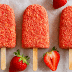 Strawberry Shortcake Ice Cream: Best of the Best – Try It Now 3 Close-up of homemade strawberry shortcake ice cream bars coated in crushed cookies and freeze-dried strawberries, surrounded by fresh sliced strawberries on a marble background.