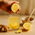 Japanese Mounjaro Recipe PDF – Simple, Powerful, and Made for You 3 A cozy glass of warm ginger lemon drink on a wooden table, surrounded by fresh ginger root, lemon halves, raw honey, and a hint of cinnamon.