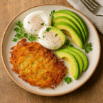 Crispy Hash Browns in Air Fryer: Quick, Easy, and Delicious 3 hash browns in air fryer served with eggs and avocado