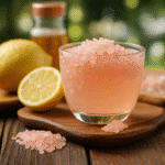 Japanese Pink Salt Diet Recipe for a New Life 3 A 1:1 photo of a glass filled with pink salt and lemon water, surrounded by Himalayan salt, lemon halves, and a jar of honey on a rustic wooden surface