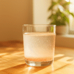 How to Make Japanese Pink Salt Recipe with Baking Soda 3 A realistic glass of water mixed with Himalayan pink salt and baking soda, glowing softly in morning light, perfect for a healthy detox recipe.