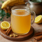 Zepbound Natural Recipe: The Best Way to Support Your Goals 3 A mason jar mug filled with a golden zepbound natural recipe , placed on a wooden board surrounded by lemon slices, cinnamon sticks, and chamomile flowers